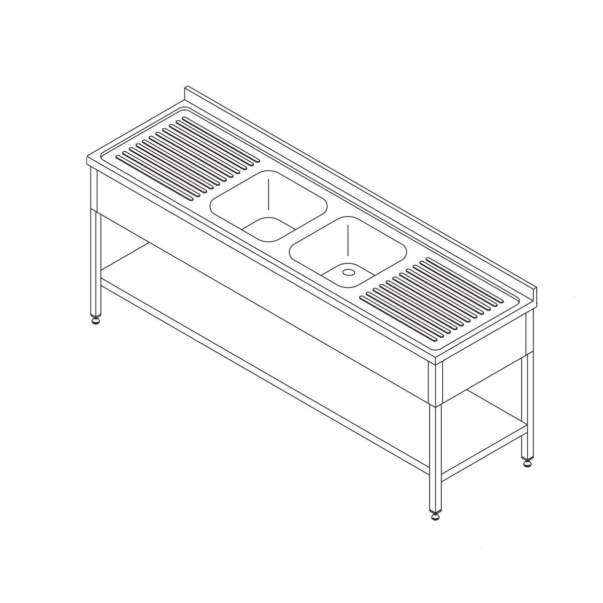 Opvaskemaskine bord - 210 x 70 cm - med 2 vaske og Backsplash - inkl. Opbevaring Hylde